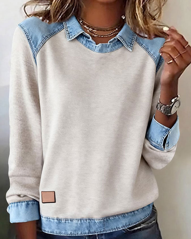 Patchwork Blouse with Revers and Long Sleeves