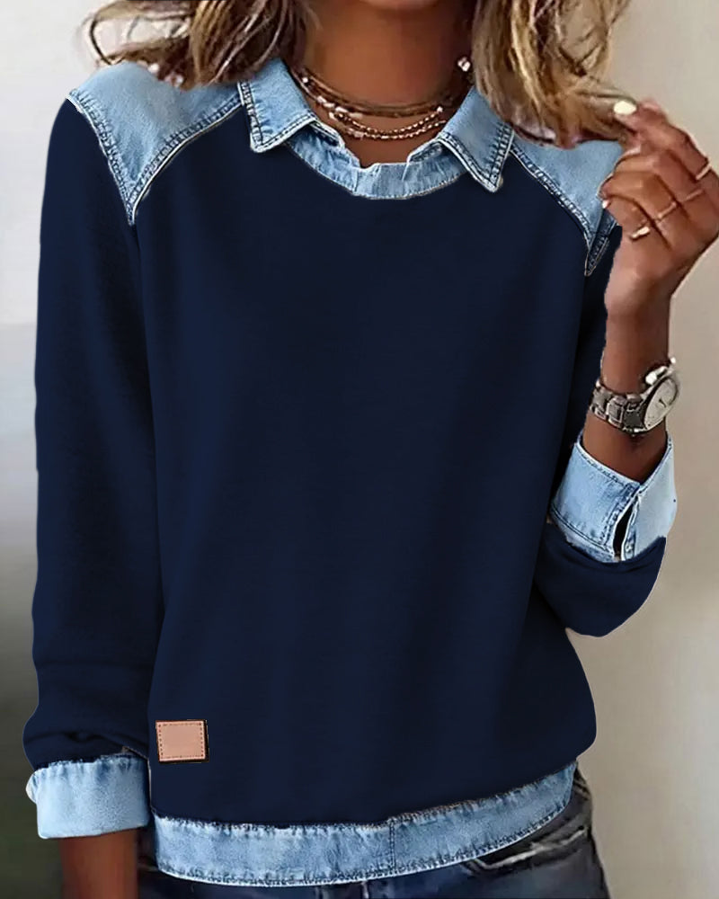 Patchwork Blouse with Revers and Long Sleeves