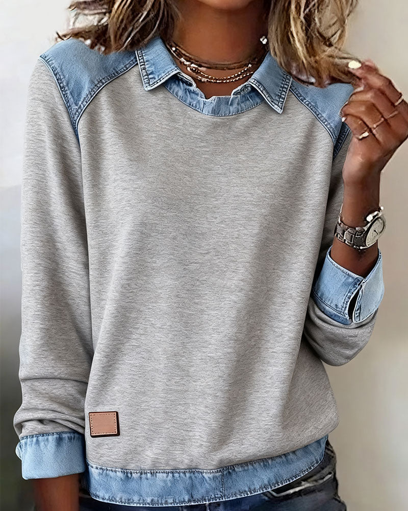 Patchwork Blouse with Revers and Long Sleeves