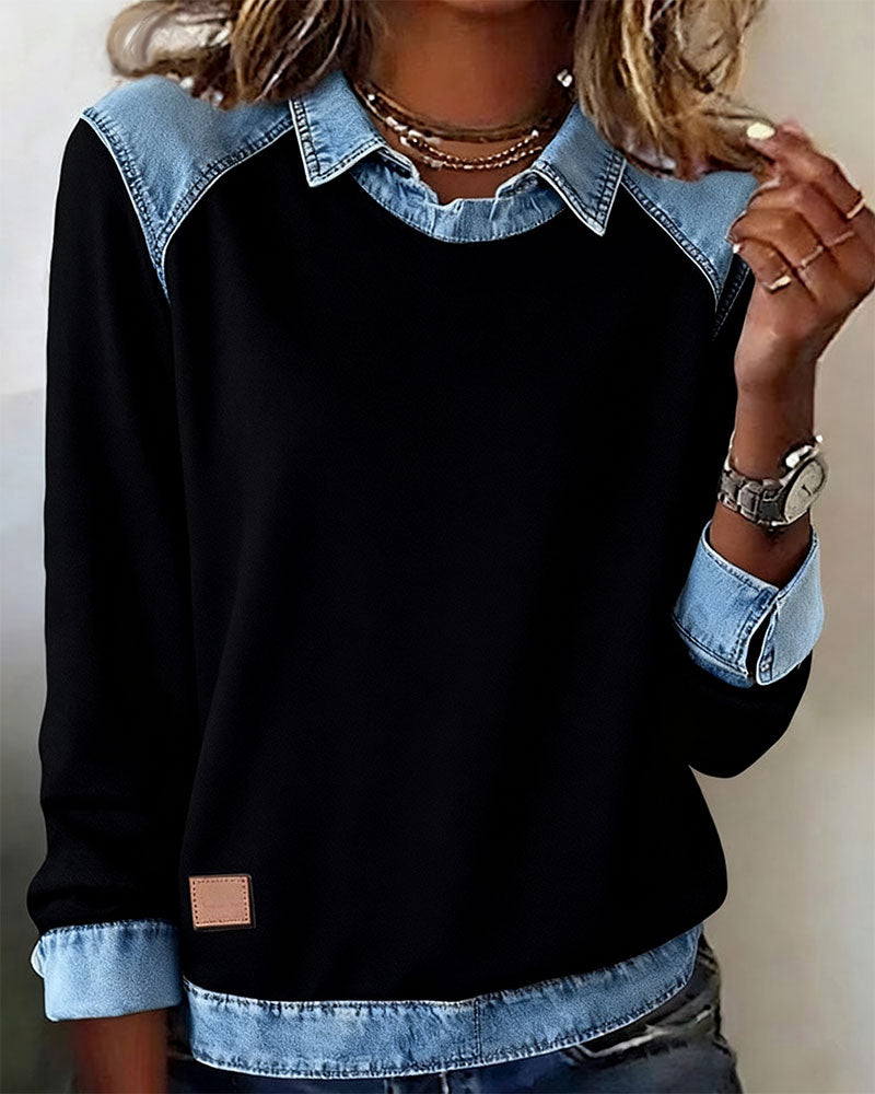 Patchwork Blouse with Revers and Long Sleeves