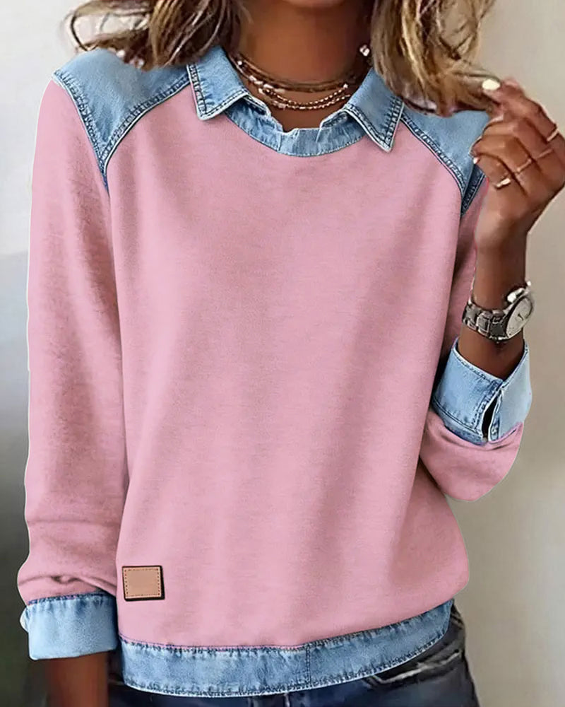 Patchwork Blouse with Revers and Long Sleeves