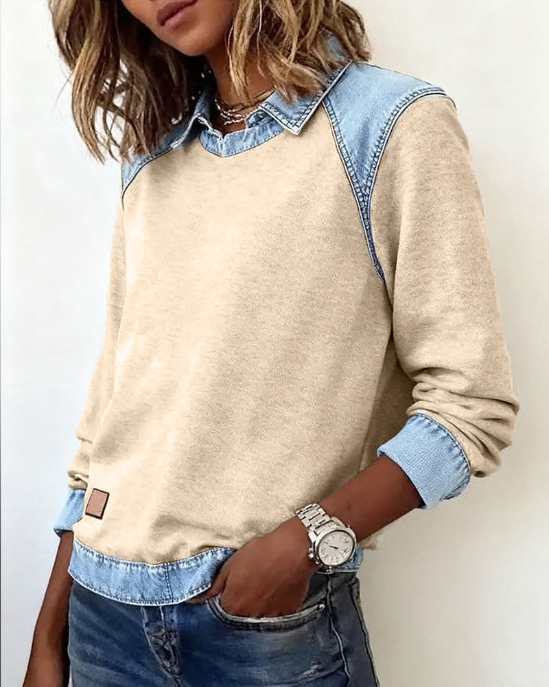 Patchwork Blouse with Revers and Long Sleeves