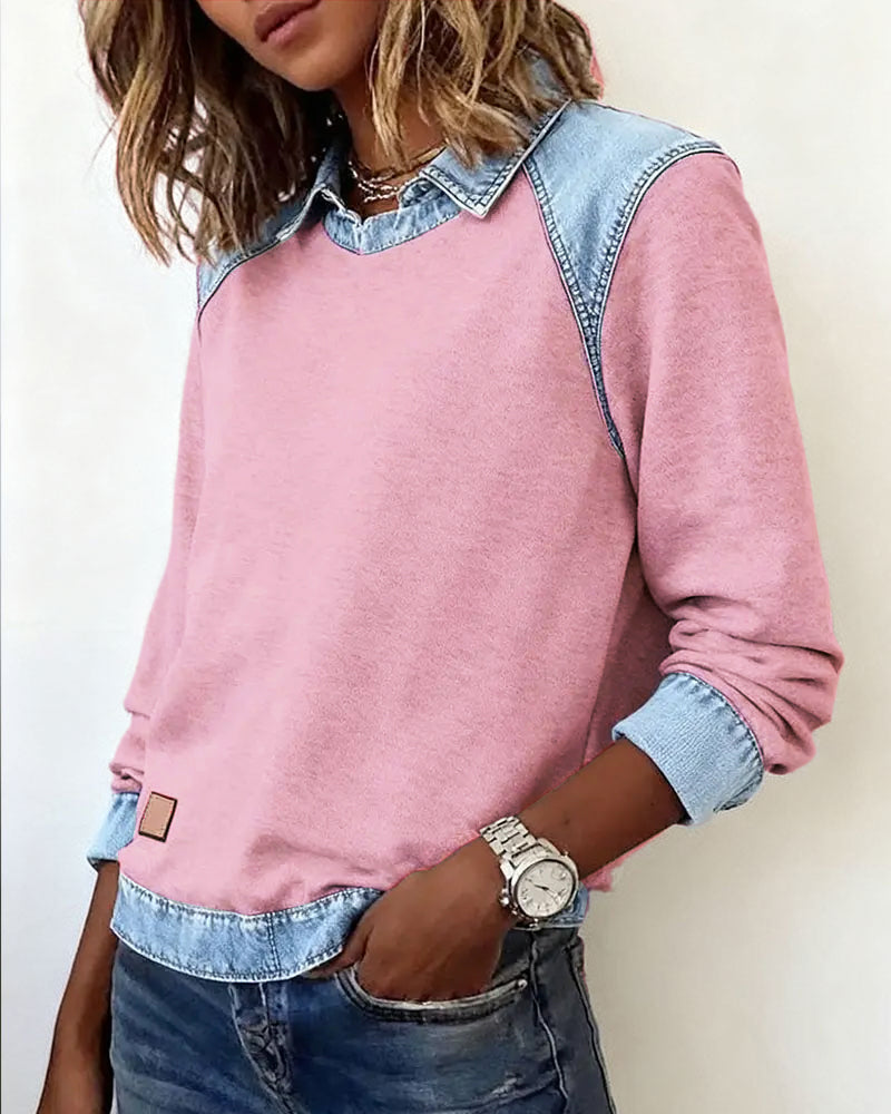 Patchwork Blouse with Revers and Long Sleeves