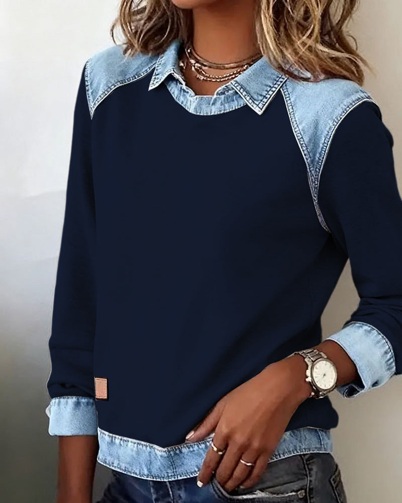 Patchwork Blouse with Revers and Long Sleeves
