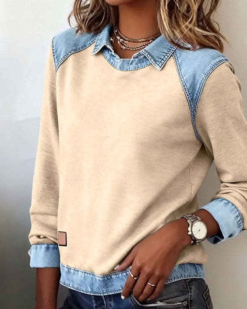 Patchwork Blouse with Revers and Long Sleeves