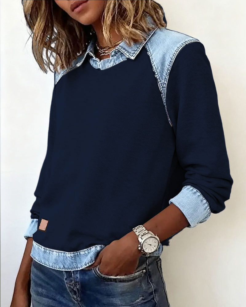 Patchwork Blouse with Revers and Long Sleeves