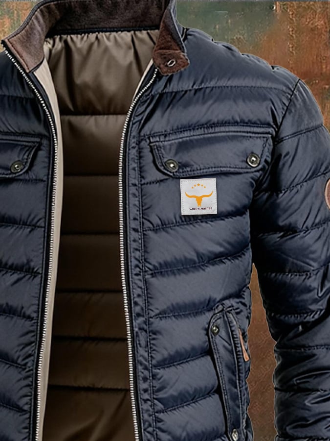 Men's Retro Leather Quilted Patchwork Warm Zipper Outdoor Jacket