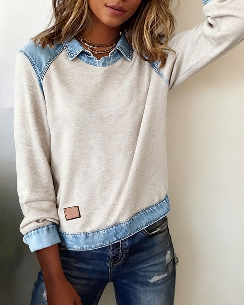 Patchwork Blouse with Revers and Long Sleeves