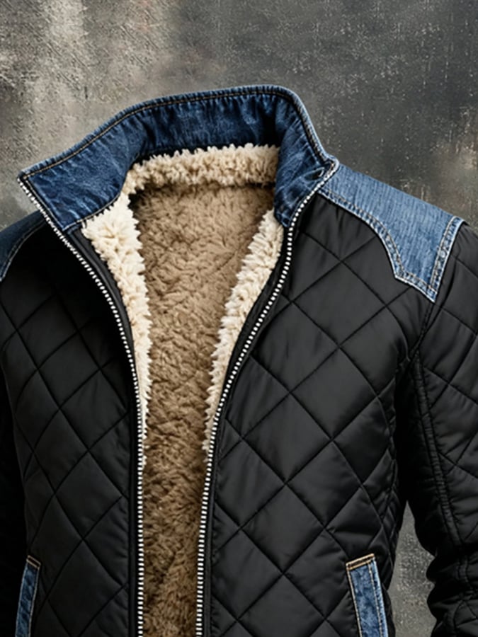 Retro Warm Patchwork Denim Outdoor Jacket with Cotton Padding