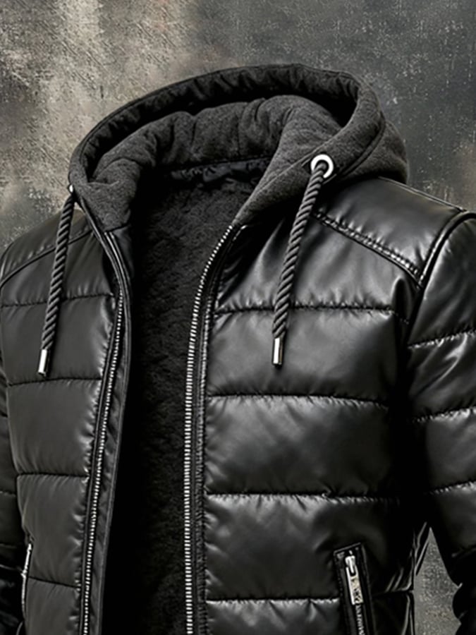 Men's Retro Warm Outdoor Leather Jacket with Hood made of Soft Leather