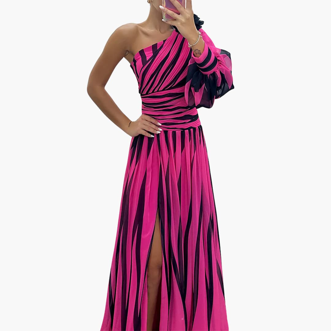 Carla – Elegant One-Shoulder Maxi Dress with Stripes