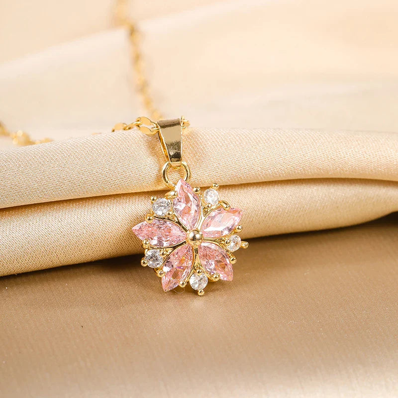 Romantic Pink Sakura Stainless Steel Necklace