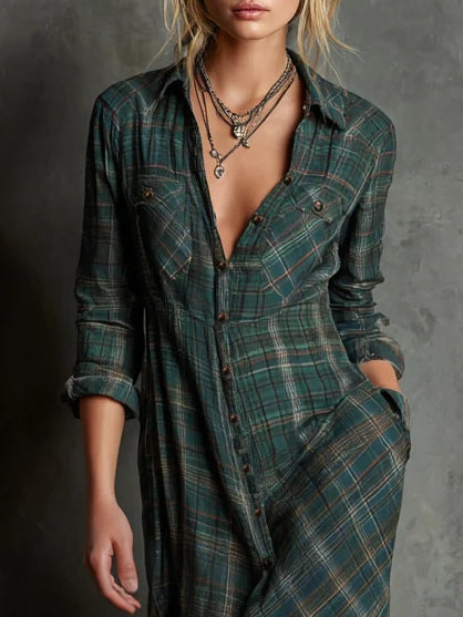 Sofia | Long Dress with Green Checked Lapel