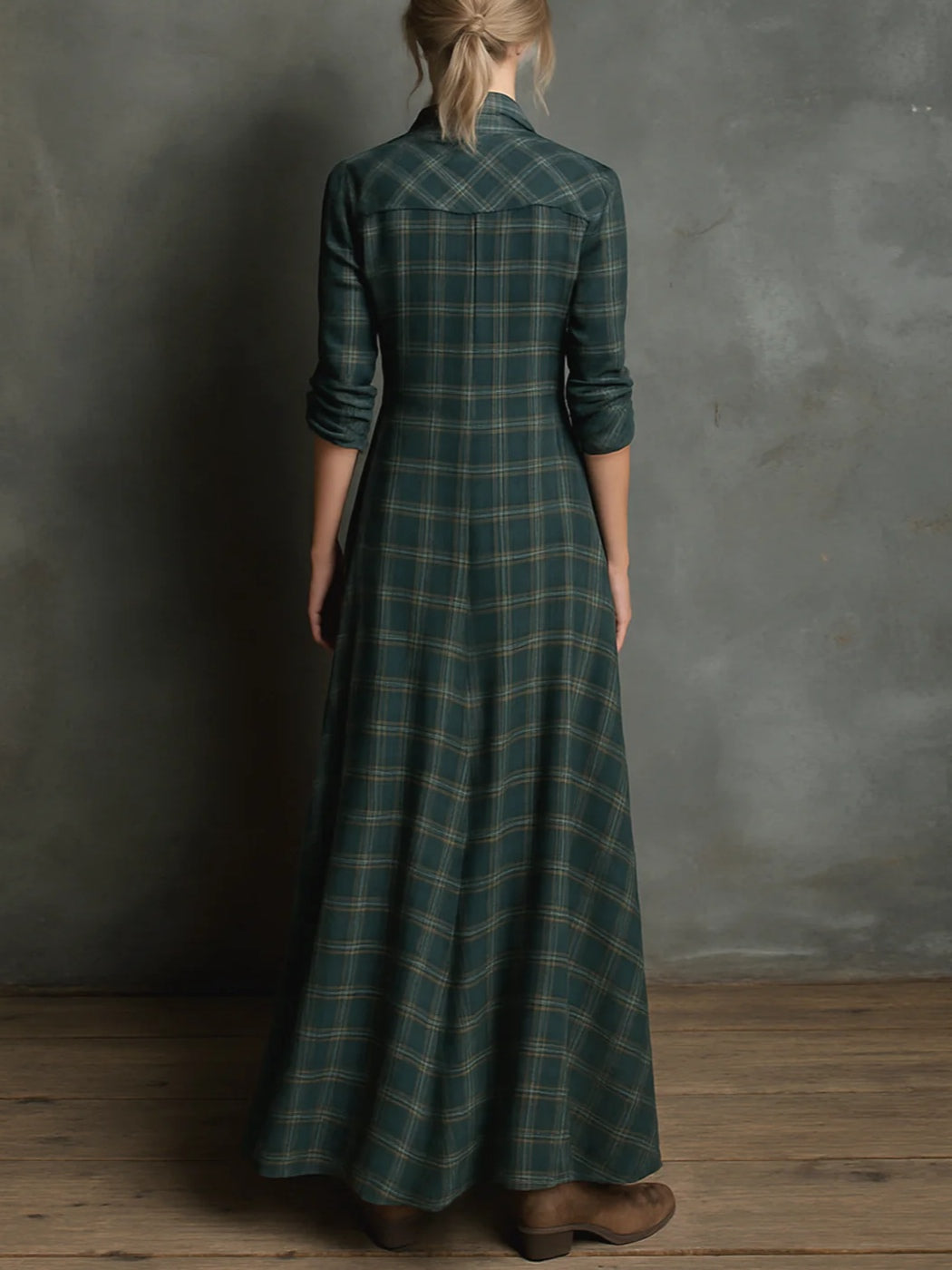 Sofia | Long Dress with Green Checked Lapel