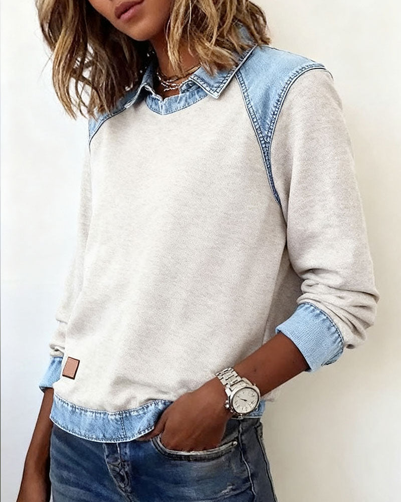 Patchwork Blouse with Revers and Long Sleeves
