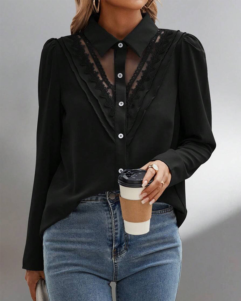 Blouse Puff Sleeve Lace Patchwork