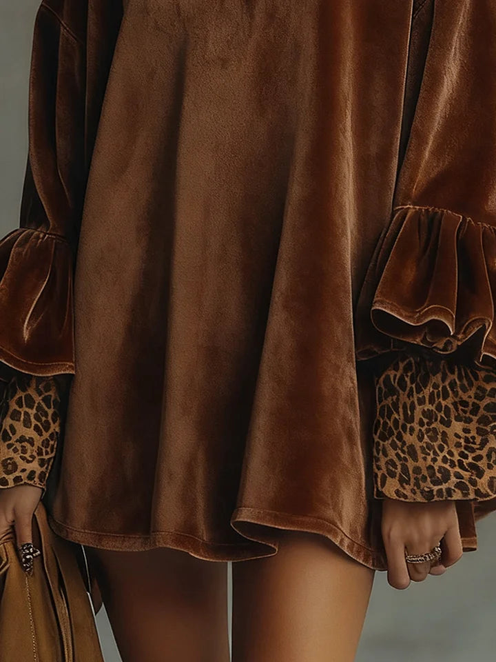 Ofelia Velvet Leopard Cuff Flounce Sleeve Mini Dress