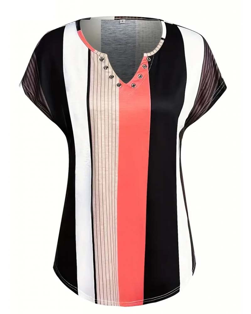 Blouse Vertical Striped Pendant Short Sleeves