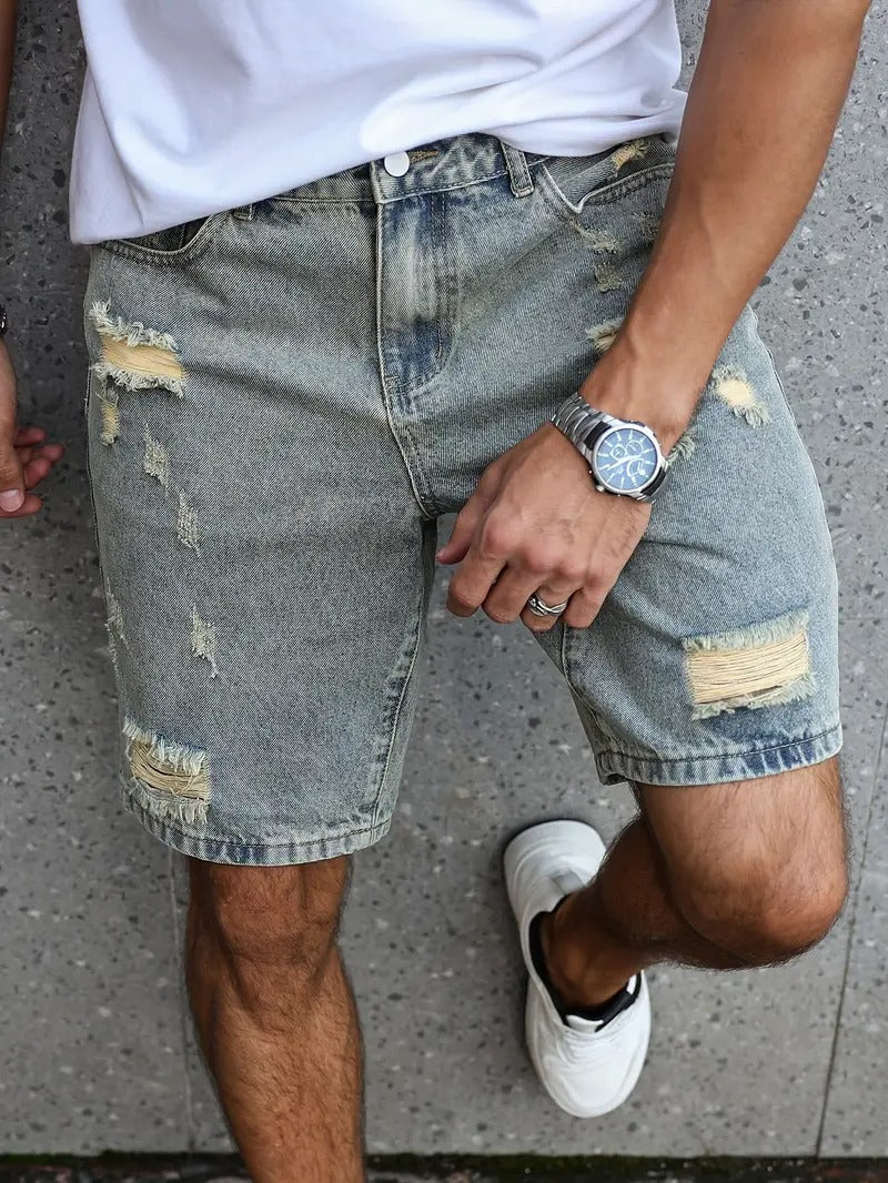 Distressed Denim Shorts - Washed Blue