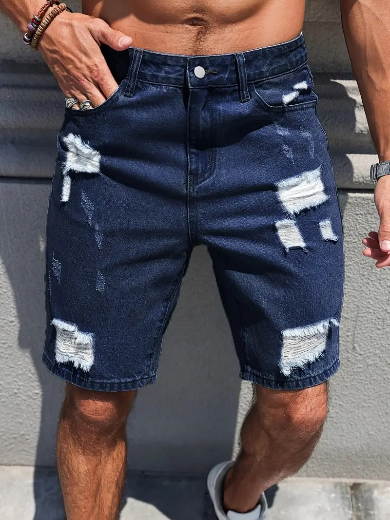 Distressed Denim Shorts - Dark Blue