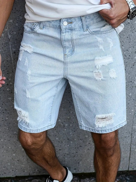 Distressed Denim Shorts - Washed Blue