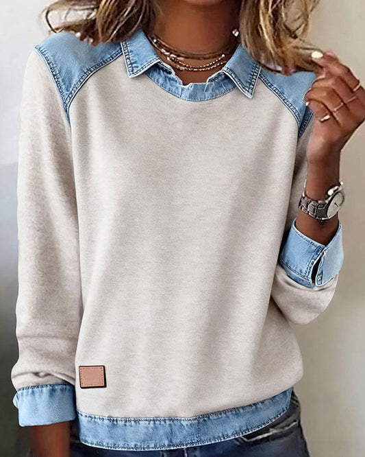 Patchwork Blouse with Revers and Long Sleeves