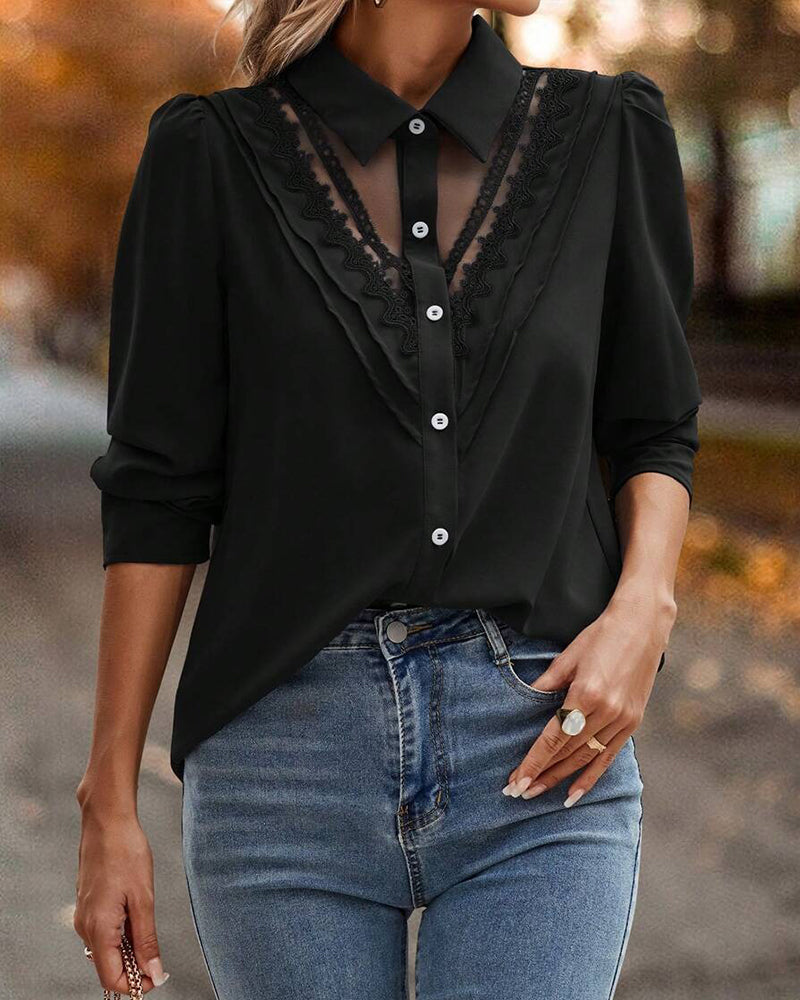 Blouse Puff Sleeve Lace Patchwork