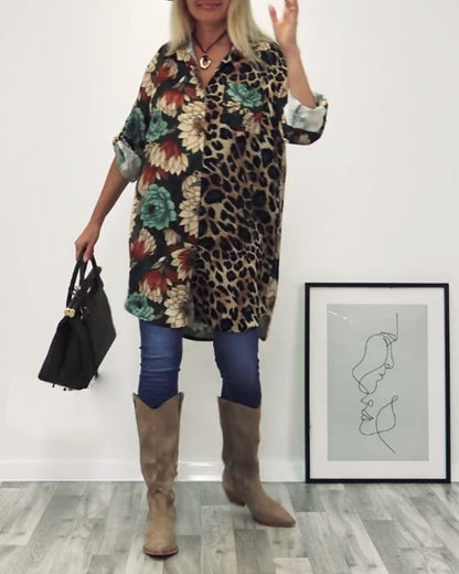 Revers collar shirt with patchwork and leopard print