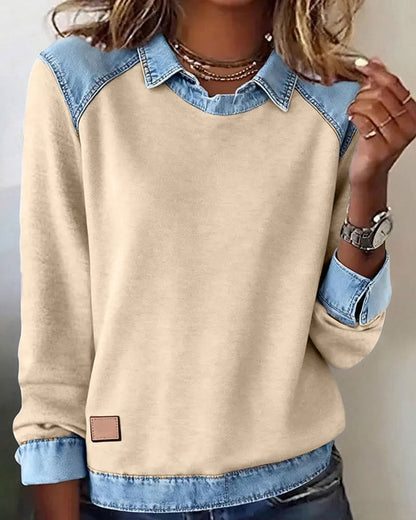 Patchwork Blouse with Revers and Long Sleeves
