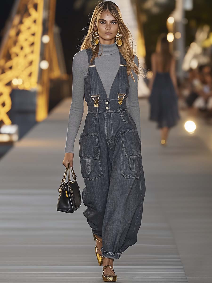 V-Neck Denim Jumpsuit