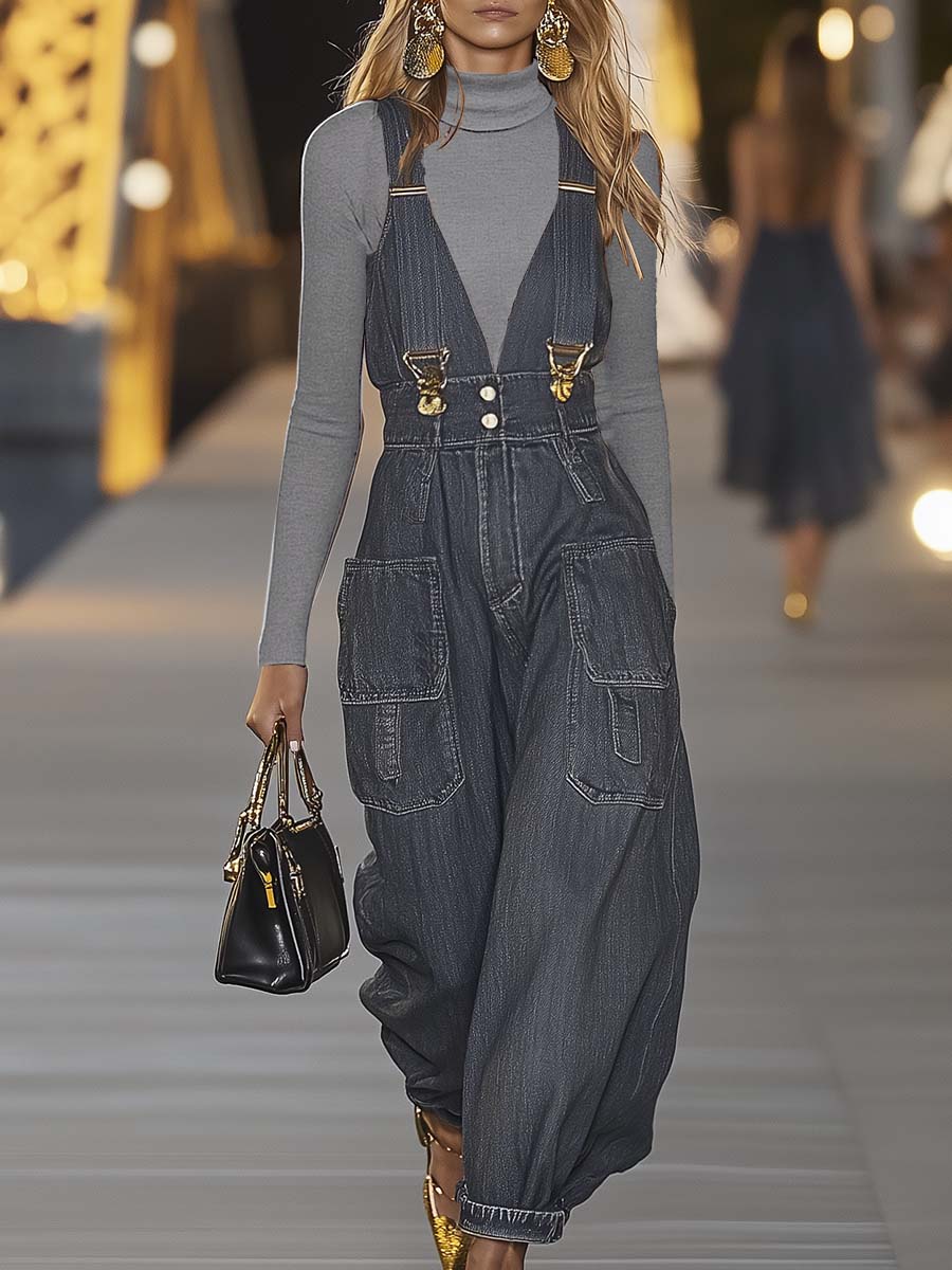 V-Neck Denim Jumpsuit
