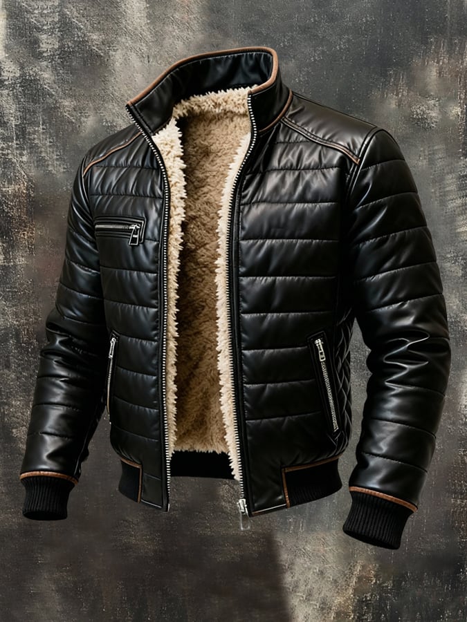 Vintage Men's Outdoor Jacket Made of Warm Fleece and Soft Leather
