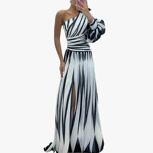 Carla – Elegant One-Shoulder Maxi Dress with Stripes