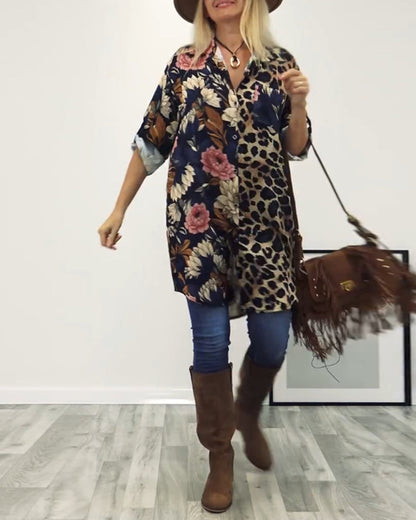 Revers collar shirt with patchwork and leopard print