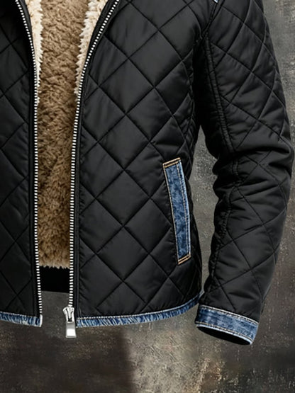 Retro Warm Patchwork Denim Outdoor Jacket with Cotton Padding