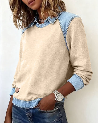 Patchwork Blouse with Revers and Long Sleeves