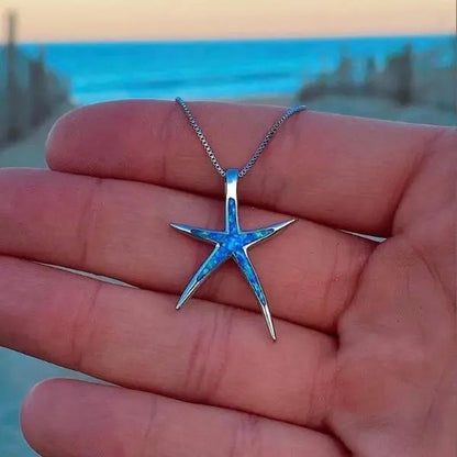 Silver Blue Opal Starfish Pendant Necklace