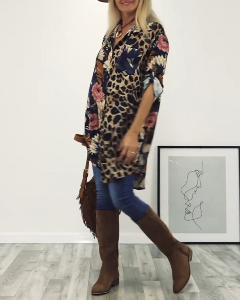 Revers collar shirt with patchwork and leopard print