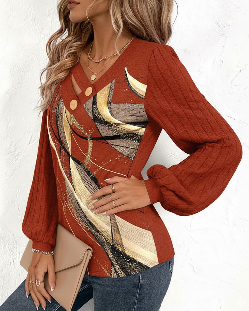 Top with Striped Print Lantern Sleeve