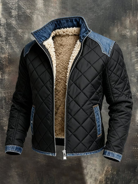 Retro Warm Patchwork Denim Outdoor Jacket with Cotton Padding