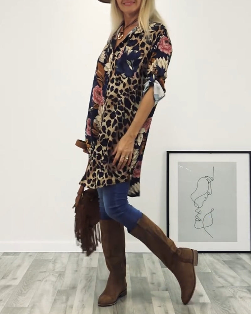 Revers collar shirt with patchwork and leopard print