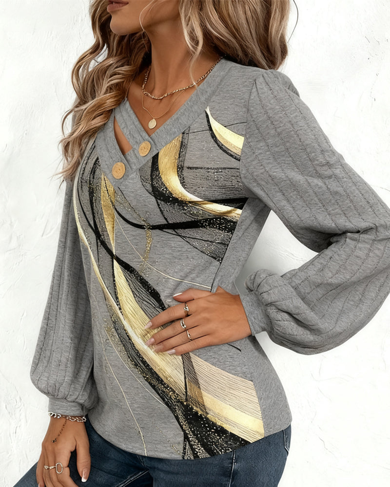 Top with Striped Print Lantern Sleeve