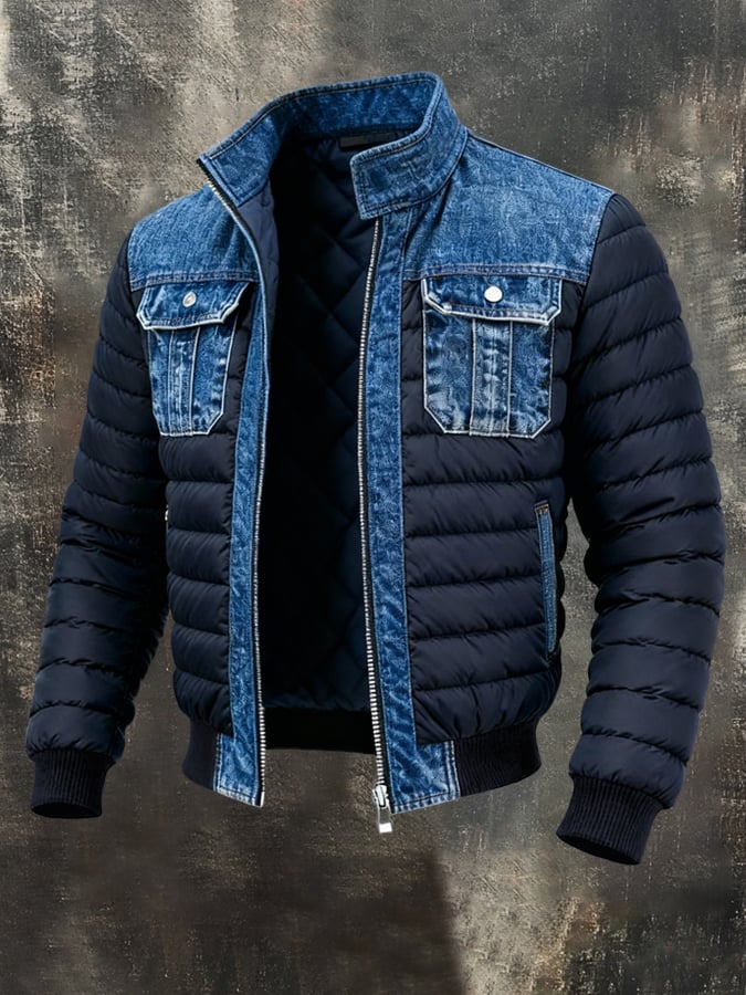 Men's Vintage Denim Patchwork Outdoor Jacket Cotton Coat