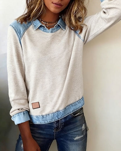 Patchwork Blouse with Revers and Long Sleeves