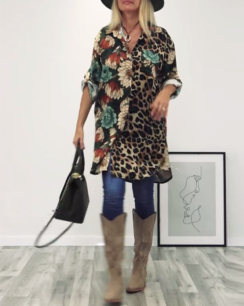 Revers collar shirt with patchwork and leopard print