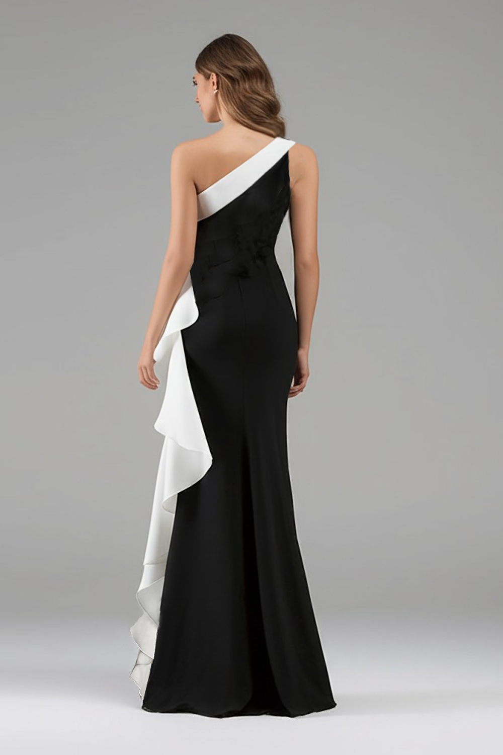 One Shoulder 3D Flower Black Tie Dress