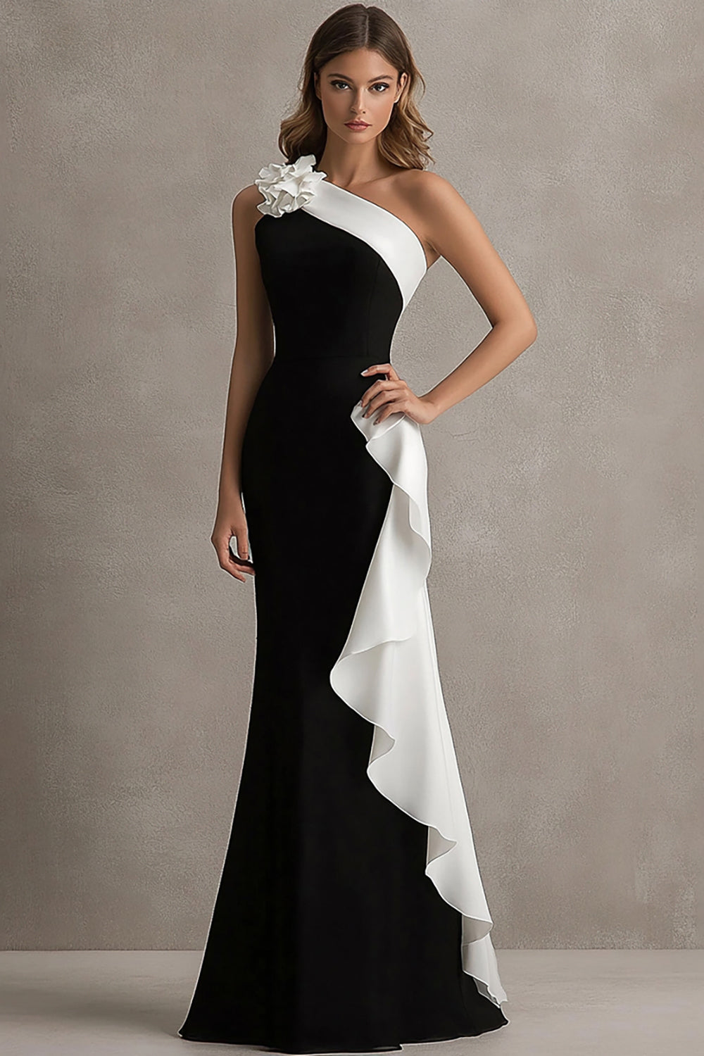 One Shoulder 3D Flower Black Tie Dress