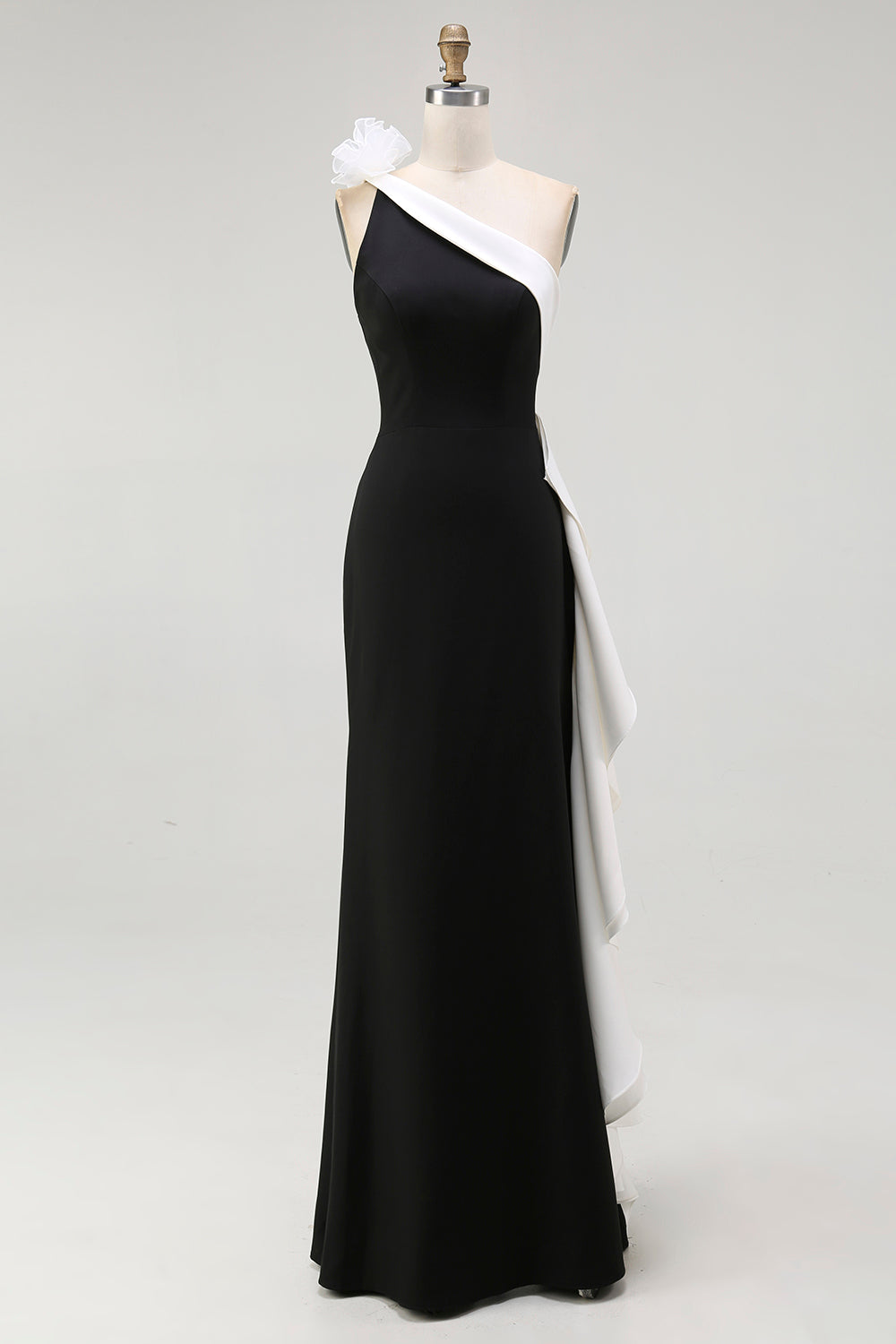 One Shoulder 3D Flower Black Tie Dress