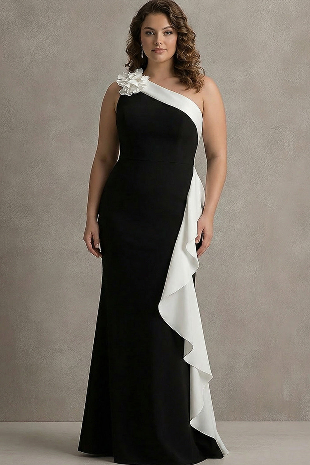 One Shoulder 3D Flower Black Tie Dress