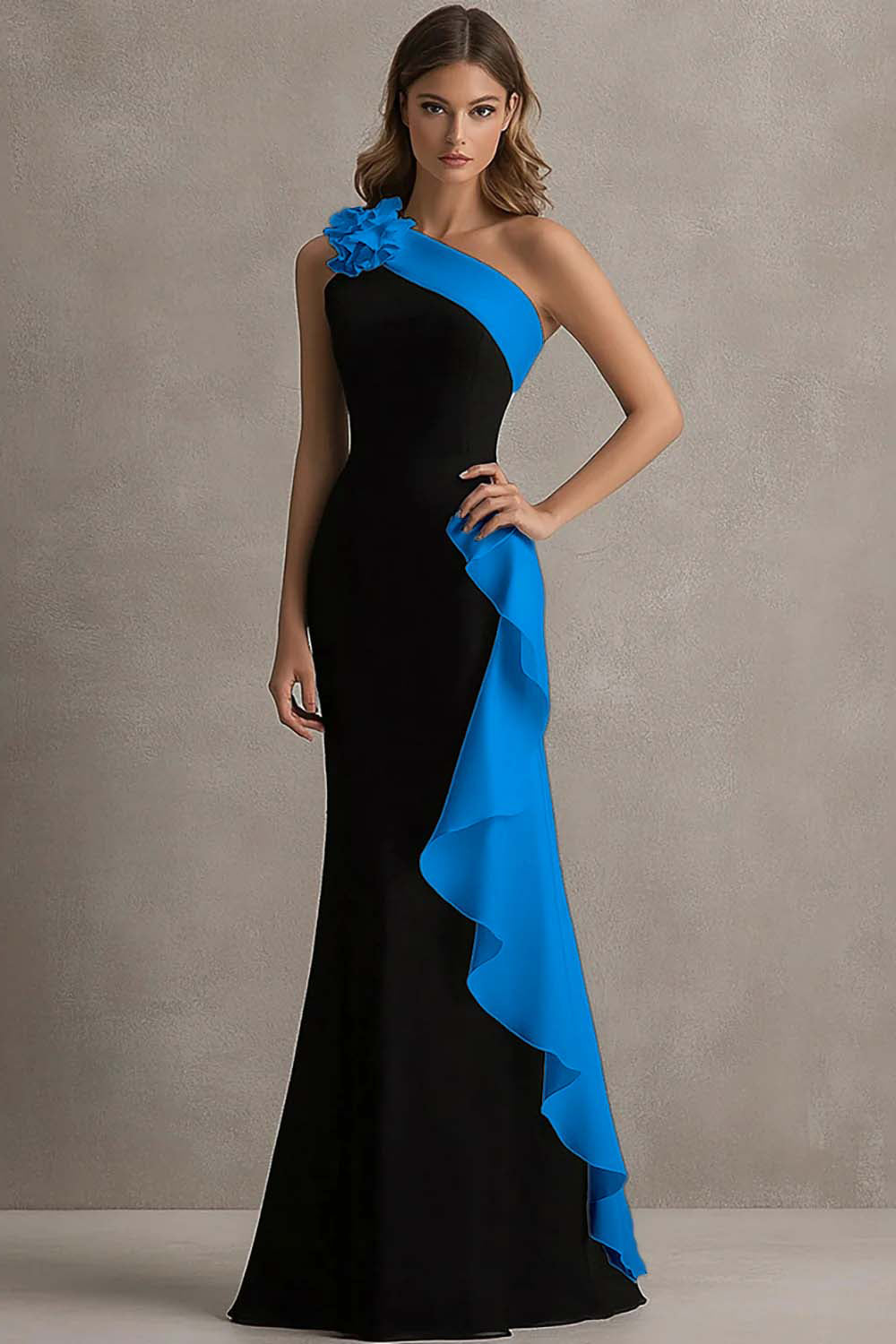 One Shoulder 3D Flower Black Tie Dress